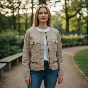Chico's Women’s Jacket Sz 1 M Tan Blazer Pocket Cotton Linen Moto Zipper Pockets